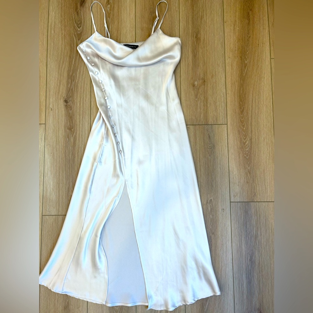 Cream Slip Satin Midi Dress with Button Details